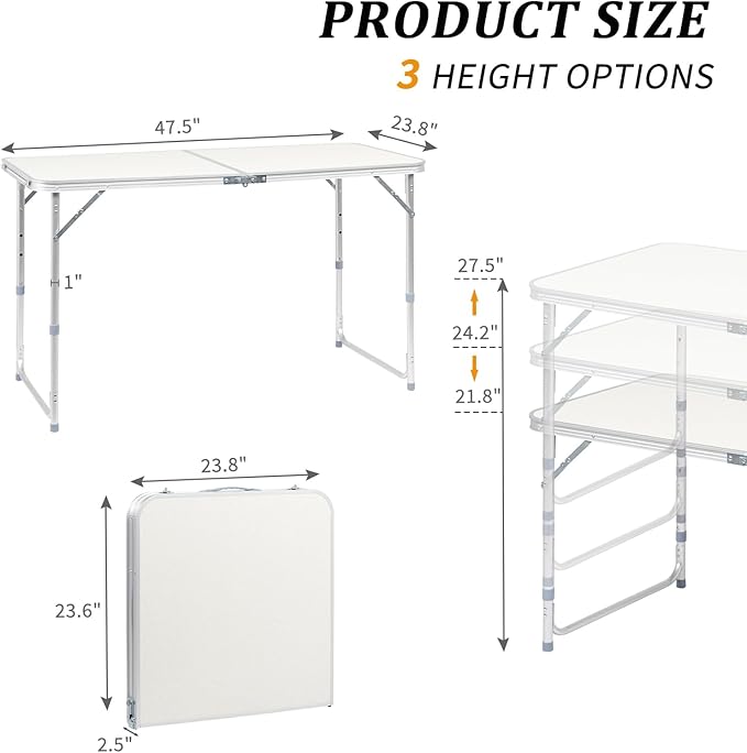 3.0 Ft Folding Portable Camping Table with Adjustable Height Aluminum Legs for Kitchen, BBQ, Dining, Picnic, Cooking, Beach, Garden, Party, Traval, Party, 4-6 People