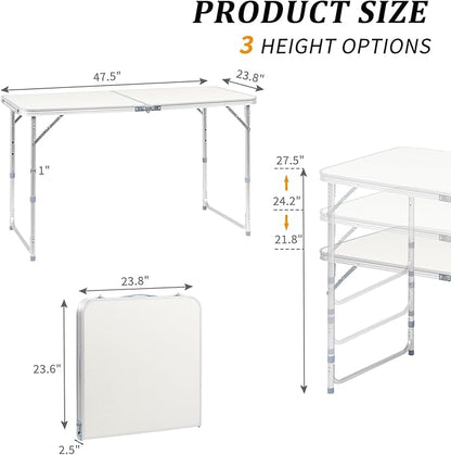 3.0 Ft Folding Portable Camping Table with Adjustable Height Aluminum Legs for Kitchen, BBQ, Dining, Picnic, Cooking, Beach, Garden, Party, Traval, Party, 4-6 People