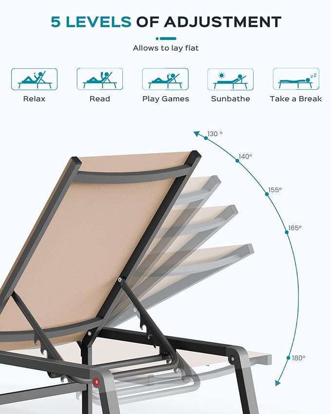 Ciokea Aluminum Chaise Lounge Ourdoor - Foldable & Assemble Free Outdoor Lounge Chair with 5 Adjustable Backrest, Patio Lounge Chair for Outside Poolside Beach Pool, Khaki