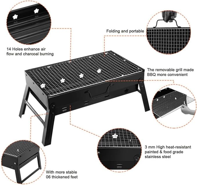 Foldable Portable Charcoal Grill, Compact BBQ Grill, Stainless Steel, Removable Grate, 14 Air Vents, for Camping, Picnic, Backyard