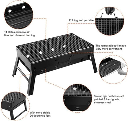 Foldable Portable Charcoal Grill, Compact BBQ Grill, Stainless Steel, Removable Grate, 14 Air Vents, for Camping, Picnic, Backyard