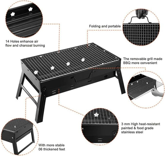 Foldable Portable Charcoal Grill, Compact BBQ Grill, Stainless Steel, Removable Grate, 14 Air Vents, for Camping, Picnic, Backyard