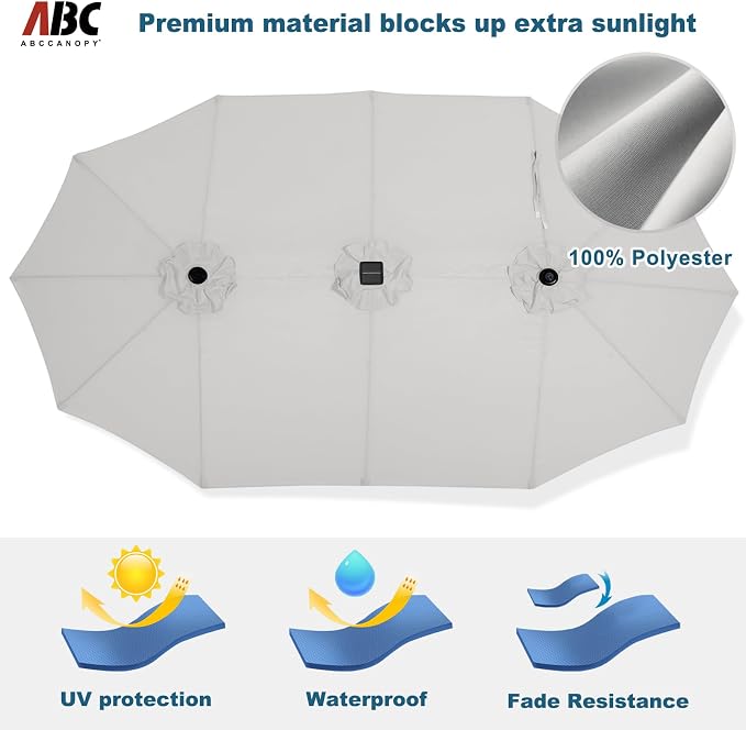 ABCCANOPY 15FT Solar LED Double-Sided Umbrella with Base, Light Gray | Rectangular Outdoor Table Umbrella with Crank, Heavy Duty Market Umbrella Shade for Garden,Poolside, Lawn, Backyard