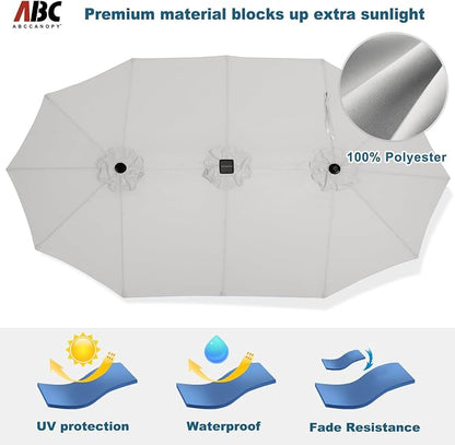 ABCCANOPY 15FT Solar LED Double-Sided Umbrella with Base, Light Gray | Rectangular Outdoor Table Umbrella with Crank, Heavy Duty Market Umbrella Shade for Garden,Poolside, Lawn, Backyard