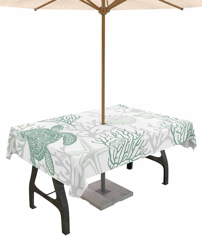 Sage Green Coastal Outdoor Tablecloth - 60x84 Inch Rectangle Waterproof Dining Table Cover, Sea Turtle Nautical Coral Beach Starfish Outdoor Table Cloth with Umbrella Hole&Zipper for Patio