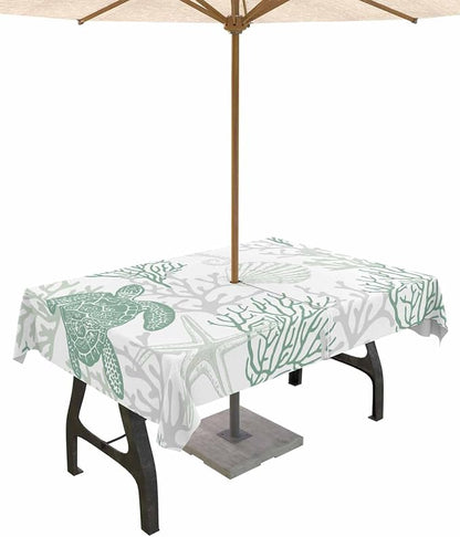 Sage Green Coastal Outdoor Tablecloth - 60x84 Inch Rectangle Waterproof Dining Table Cover, Sea Turtle Nautical Coral Beach Starfish Outdoor Table Cloth with Umbrella Hole&Zipper for Patio