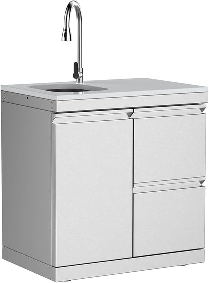 Stainless Steel Sink and Drawer Combo Cabinet, White Quartz Countertop, Single Door with 2 Soft-Close Drawers, Hidden Handle, Pull-Down Faucet, Modular BBQ Island - White