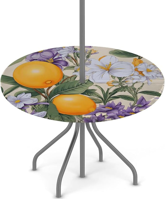 AUUXVA Round Outdoor Tablecloth with Umbrella Hole - Waterproof Patio Table Cover with Zipper Elastic Table Cloth Fits 36"-44" Tables for Party Cafe Garden Decor(Fruits Spring Flower)