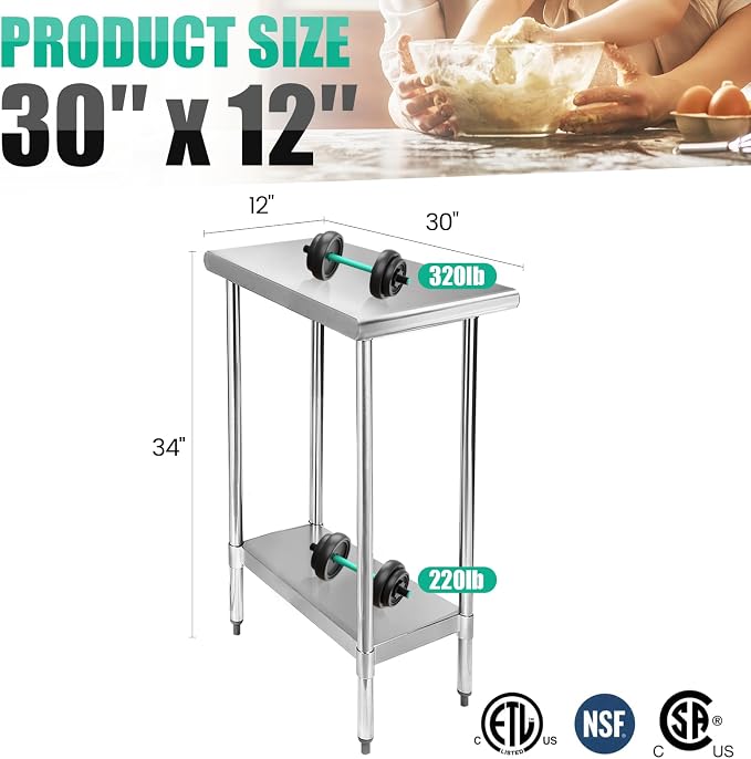 STABLEINK Stainless Steel Small Table with Undershelf 12x30 Inches for Prep | NSF Certified Heavy Duty Metal Work Table Workbench for Commercial Kitchen Restaurant Hotel Laundry Garage Chef Homemaker