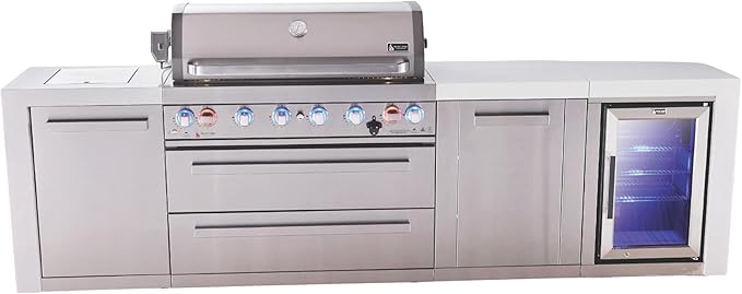 Mont Alpi Premium 119"W Deluxe Stainless Steel Modular Outdoor Kitchen Island with Refrigerator + Side Burner + 44"W 6-Burner BBQ Gas Grill + White Granite Countertops + Storage Cabinets and Drawers
