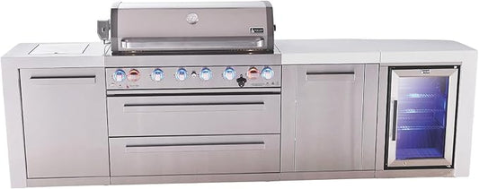 Mont Alpi Premium 119"W Deluxe Stainless Steel Modular Outdoor Kitchen Island with Refrigerator + Side Burner + 44"W 6-Burner BBQ Gas Grill + White Granite Countertops + Storage Cabinets and Drawers