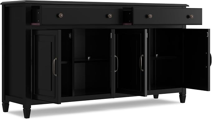 SIMPLIHOME Connaught 67" Wide Solid Wood Sideboard Cabinet in Black | Traditional 4-door dining room buffet with 2 drawers and adjustable shelves for organized kitchen or living room storage.