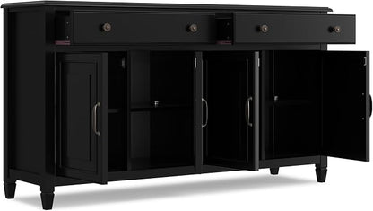 SIMPLIHOME Connaught 67" Wide Solid Wood Sideboard Cabinet in Black | Traditional 4-door dining room buffet with 2 drawers and adjustable shelves for organized kitchen or living room storage.