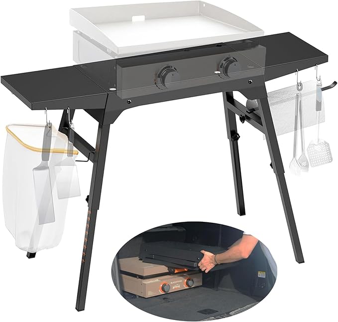 Folding Stand for Blackstone 17 & 22 Inch Tabletop Griddle – Portable Grill Table with Adjustable Legs for Uneven Ground, Side Shelves, Paper Towel Holder, Trash Bag Holder – Heavy Duty for Camping