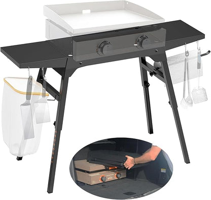 Folding Stand for Blackstone 17 & 22 Inch Tabletop Griddle – Portable Grill Table with Adjustable Legs for Uneven Ground, Side Shelves, Paper Towel Holder, Trash Bag Holder – Heavy Duty for Camping