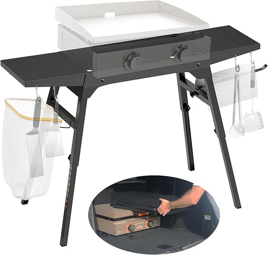 Folding Stand for Blackstone 17 & 22 Inch Tabletop Griddle – Portable Grill Table with Adjustable Legs for Uneven Ground, Side Shelves, Paper Towel Holder, Trash Bag Holder – Heavy Duty for Camping