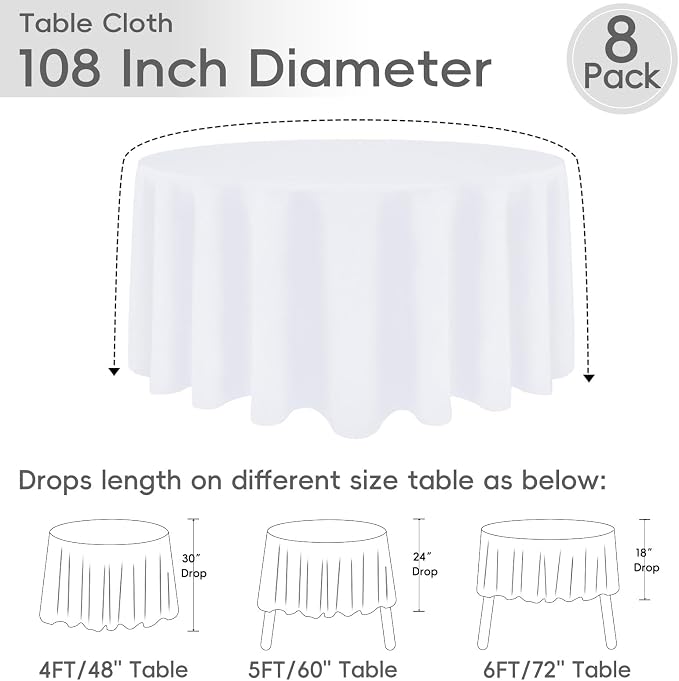 8 Pack White Round Tablecloth 108 Inch | For 4Ft-6Ft Round Table, Wrinkle Resistant Table Cloth, Washable Polyester Fabric, For Wedding Party Banquet Buffet Camping