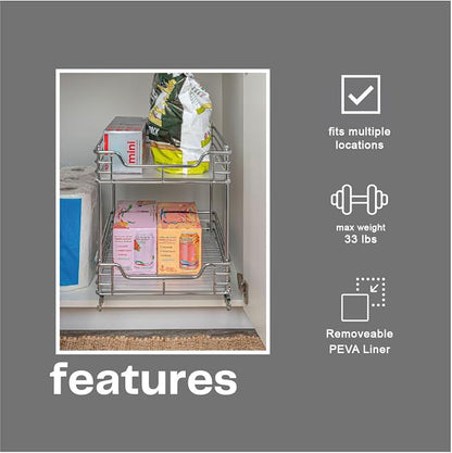 Household Essentials Glidez Chrome-Plated Steel Pull-Out/Slide-Out Storage Organizer with Plastic Liners for Under Cabinet Use - 2-Tier Design - Fits Standard Size Cabinet or Shelf, Chrome
