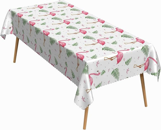 60x102 Inch Tropical Theme Rectangle Tablecloth Pink Flamingo Hawaii Botanical Plant White Table Cloth Washable Durable Table Cover for Beach Party Kitchen Home Dining BBQ Decor
