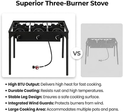 3-Burner Outdoor Cooker, 225,000 BTU High Pressure Cast Iron Burner for Camping and Backyard, Detachable Legs, Adjustabl