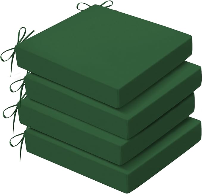Outdoor Chair Cushions Set of 4, 19x19x3Inch Waterproof & Fade Resistant Patio Furniture Seat Cushions with Ties, Square Outdoor Dining Chair Cushions for Lawn, Garden, Deck&Yard, Forest Green