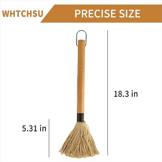 15.5 Inch BBQ Mop Brushes for Sauce, Grill Basting Mop Wooden Long Handle BBQ Mop with 1 Extra Replacement Heads for BBQ Grilling Smoking Steak