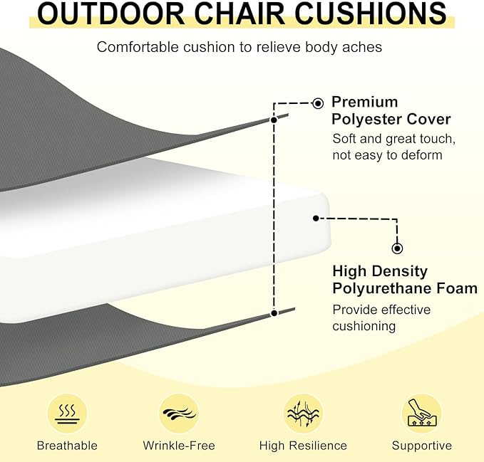 downluxe Outdoor Chair Cushions Set of 2 for Patio Furniture, Water-Resistant Square Corner Patio Chair Cushions with Ties, High Density Foam Outdoor Seat Cushion, 18.5" X 16" X 3", Dark Grey