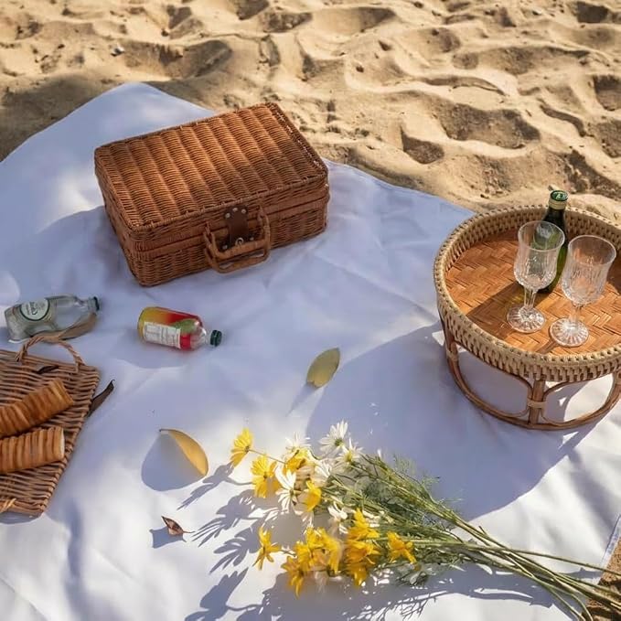 Mini Wicker Picnic Basket, Decorative Prop Suitcase Vintage Storage Hamper Makeup Organizer, 11.5" Metal Lock Plastic Rattan Storage Box with Handles for Sundries Travel Camping and Outdoor Party (L)