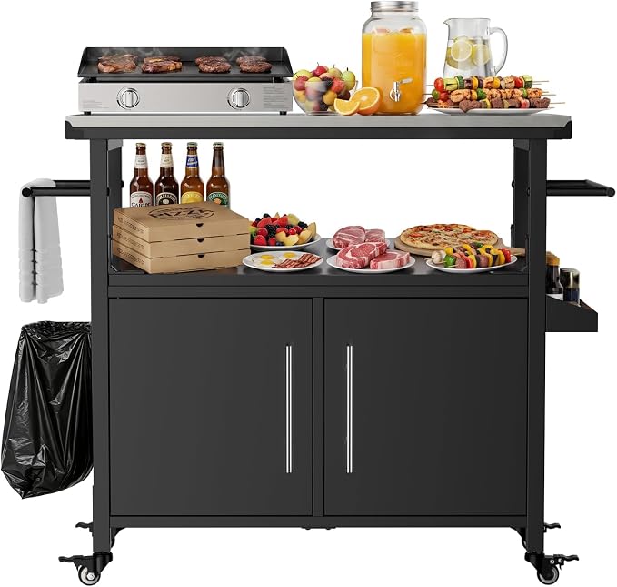 KEIKI Outdoor Grill Cart with Stainless Steel Top, Storage Cabinet & Wheel