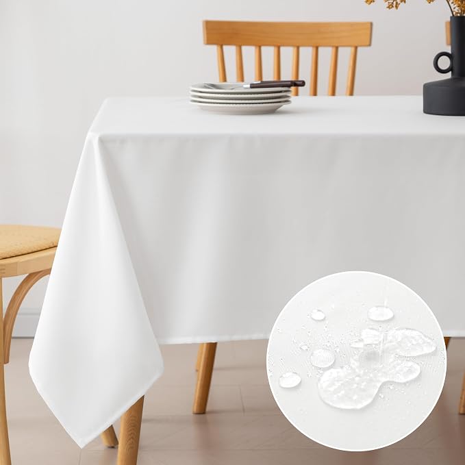 Amazon Basics Thin Rectangle Tablecloth, Water-Resistant Textured Fabric, Wrinkle Resistant, Washable Decorative Table Cover for Dining, Parties, 60" x 84", White, Pack of 1