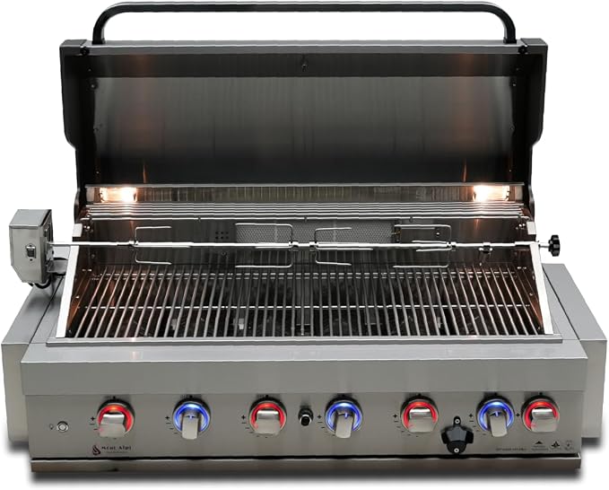 Mont Alpi Premium 44"W x 23"D x 21"H Stainless Steel 6-Burner 87000 BTUs Outdoor Kitchen Kitchen Island Heavy Duty Propane Built-in BBQ Grill Head with Infrared Rear Burner + Rotisserie Kit + Cover