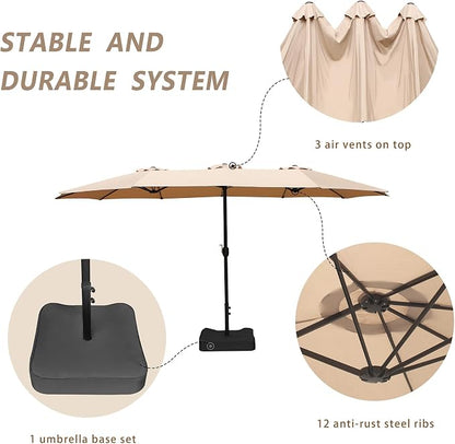 15ft Patio Umbrella with Base, 10-Year-No-Fade Large Outdoor Double-Sided Market Umbrella with UPF50+Terylene Polyester Fabric and Crank for Poolside Garden Deck Backyard Beach Pools