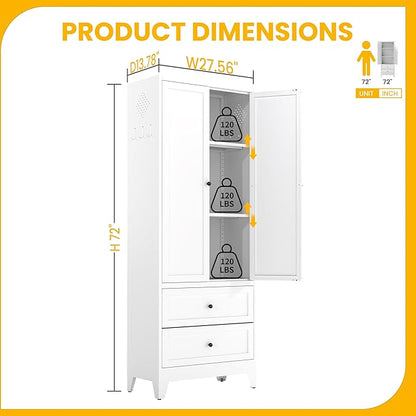 72" Metal Storage Cabinet with 2 Drawer, 2 Adjustable Shelves & Hooks, Utility Kitchen Pantry Cabinet for Home, Living Room, Pantry, Assemble Required (White)