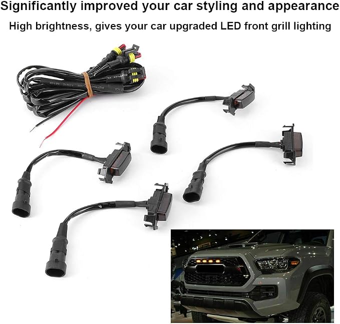Grille Lights, 4pcs 12V Car LED Grille Light High Brightness Accessory Fit for Toyota 2016‑2020 (black shell yellow light)