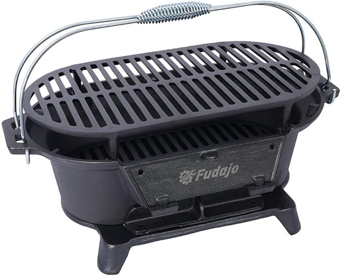 Tabletop Charcoal Grill & Cast Iron Hibachi with Flat-Top Griddle — Portable Outdoor BBQ for Camping, Tailgating & Picnics, Enamel-Coated, Built-in Vent, Carry Handles, 19.6" x 10.6" x 8.2", Black