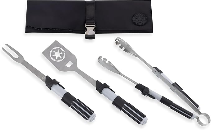 Picnic TIME Star Wars Darth Vader BBQ 3 Pcs Grill Tool Set with Case, Stainless Steel Barbecue Utensils, Saber Handle Tongs Fork Spatula with Bottle Opener, Portable Canvas Roll Up Case, (Black)
