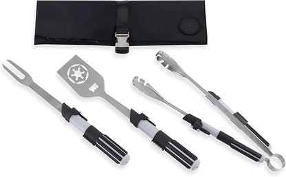 Picnic TIME Star Wars Darth Vader BBQ 3 Pcs Grill Tool Set with Case, Stainless Steel Barbecue Utensils, Saber Handle Tongs Fork Spatula with Bottle Opener, Portable Canvas Roll Up Case, (Black)