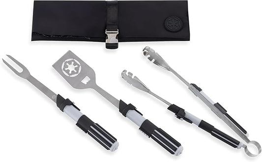 Picnic TIME Star Wars Darth Vader BBQ 3 Pcs Grill Tool Set with Case, Stainless Steel Barbecue Utensils, Saber Handle Tongs Fork Spatula with Bottle Opener, Portable Canvas Roll Up Case, (Black)