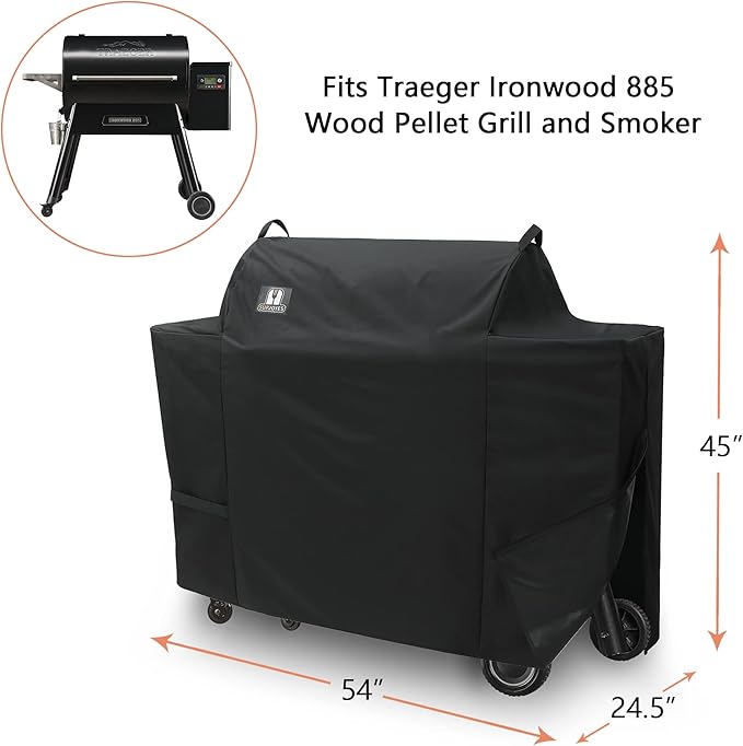 Grill Cover for Traeger Ironwood 885 Wood Pellet Grill, Heavy Duty Waterproof Smoker BBQ Accessories, BAC513 Full Length, Special Zipper Design