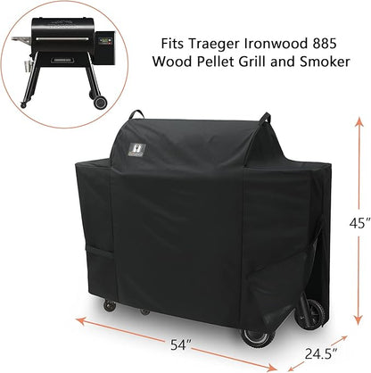 Grill Cover for Traeger Ironwood 885 Wood Pellet Grill, Heavy Duty Waterproof Smoker BBQ Accessories, BAC513 Full Length, Special Zipper Design