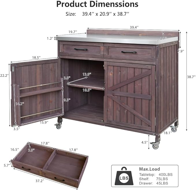 Outdoor Kitchen Island Set, 2 Piece Modular Solid Wood Set, 304 Sink Stainless Steel Station with Faucet, Drawer, 2 Door Shelves, Outdoor Storage Cabinet with Wheels for Backyard, Patio, Dark Brown