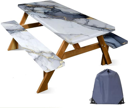 FOREVER QUEEN Picnic Table Cover with Bench Covers 72in,Waterproof Windproof Fitted Tablecloth,White Marble with Gold Veins Camping Essentials with Drawstring Bag for Patio,Park & Backyard
