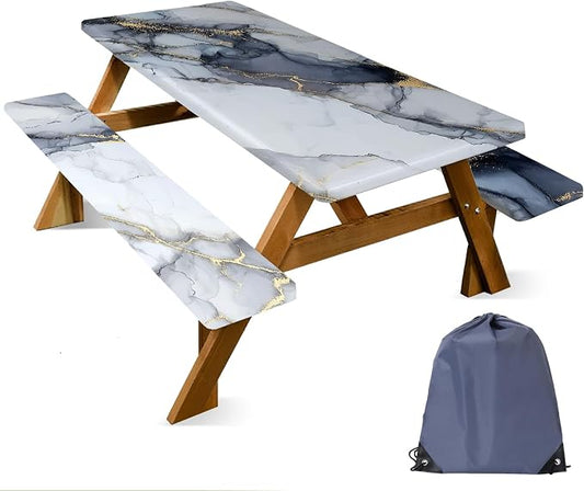 FOREVER QUEEN Picnic Table Cover with Bench Covers 72in,Waterproof Windproof Fitted Tablecloth,White Marble with Gold Veins Camping Essentials with Drawstring Bag for Patio,Park & Backyard