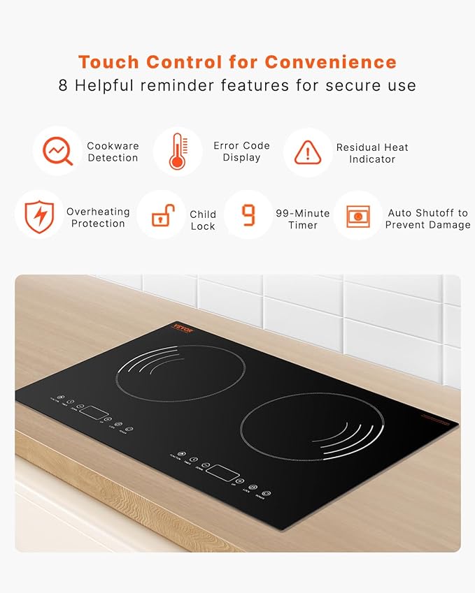 VEVOR Induction Cooktop, 1800W Electric Countertop Burner with 9 Power Settings, 2 Burner Touch Control Stove, Built-in Induction Cooktop, Include 99-Min Timer, Child Safety Lock, Glass Surface