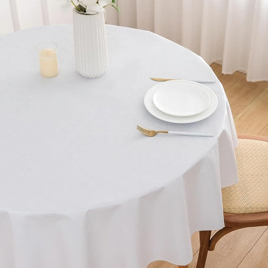 NLMUVW White Round Vinyl Tablecloth with Flannel Backing 60 Inch, 100% Waterproof PVC Table Cloth Wipe Clean Table Cover for Dining Party Camping Outdoor