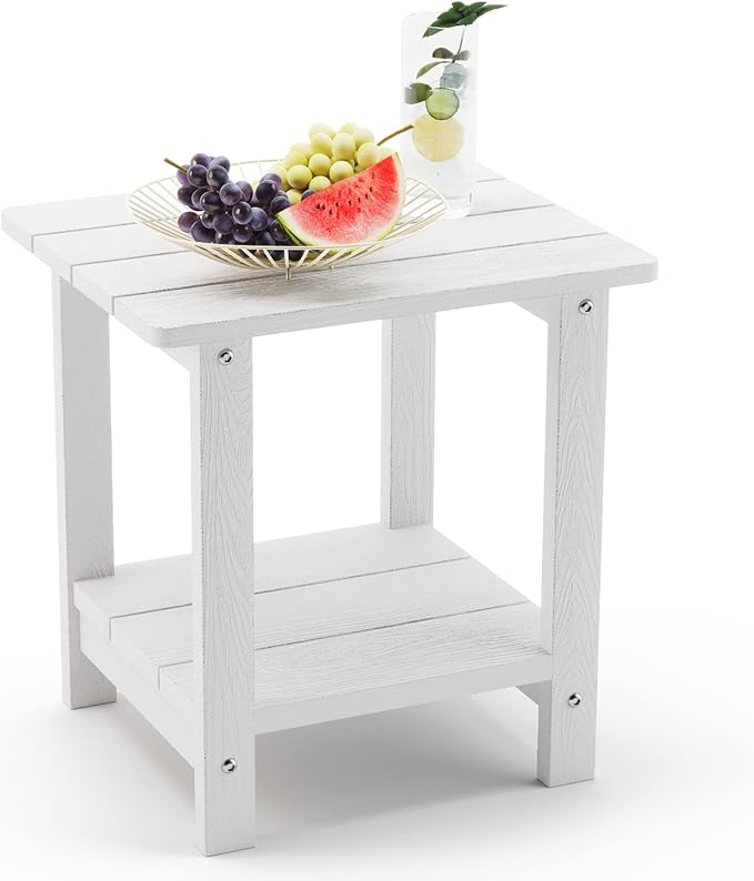 LUE BONA Outdoor Side Table, 2-Tier HDPS Small Patio Table, White | 2-Tier Shelf for Extra Storage, Small End Table for Pool, Porch, Balcony, Weather Resistant HDPS, Easy Clean
