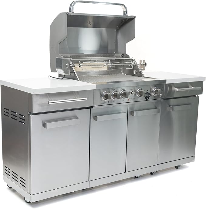 Mont Alpi Premium 70"W x 24"D x 46"H Stainless Steel Outdoor Kitchen Island with 32"W 4-Burner BBQ Grill plus Accessory Bundle - Natural Gas Conversion Kit + Dual Sided Griddle Plate + Charcoal Tray