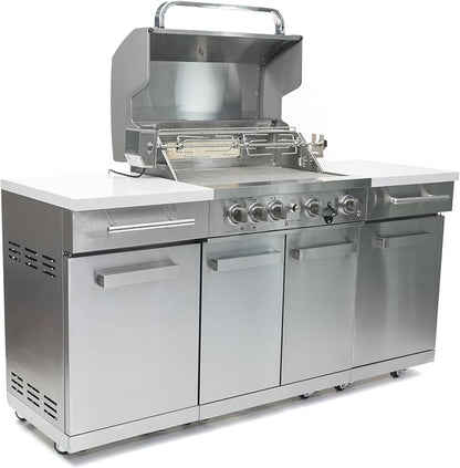 Mont Alpi Premium 70"W x 24"D x 46"H Stainless Steel Outdoor Kitchen Island with 32"W 4-Burner BBQ Grill plus Accessory Bundle - Natural Gas Conversion Kit + Dual Sided Griddle Plate + Charcoal Tray