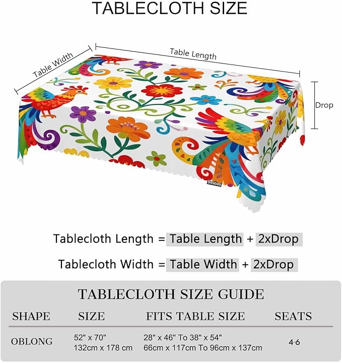 Decorative Rectangle Tablecloth 52"X70" Mexican Birds, Rainbow Paisley Birds Floral Wrinkle Free Table Cover, Picnic Table Cloths for Parties, Weddings, Kitchen