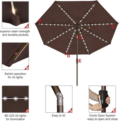 EliteShade USA 10-Year-Non-Fading 9ft 3-Tier Market Patio Umbrella, Commercial Table Umbrella with 80 Solar LED Lights, Crank Open, Windproof & UPF 50+ UV Protection for Garden, Deck, Pool, Backyard, Chestnut